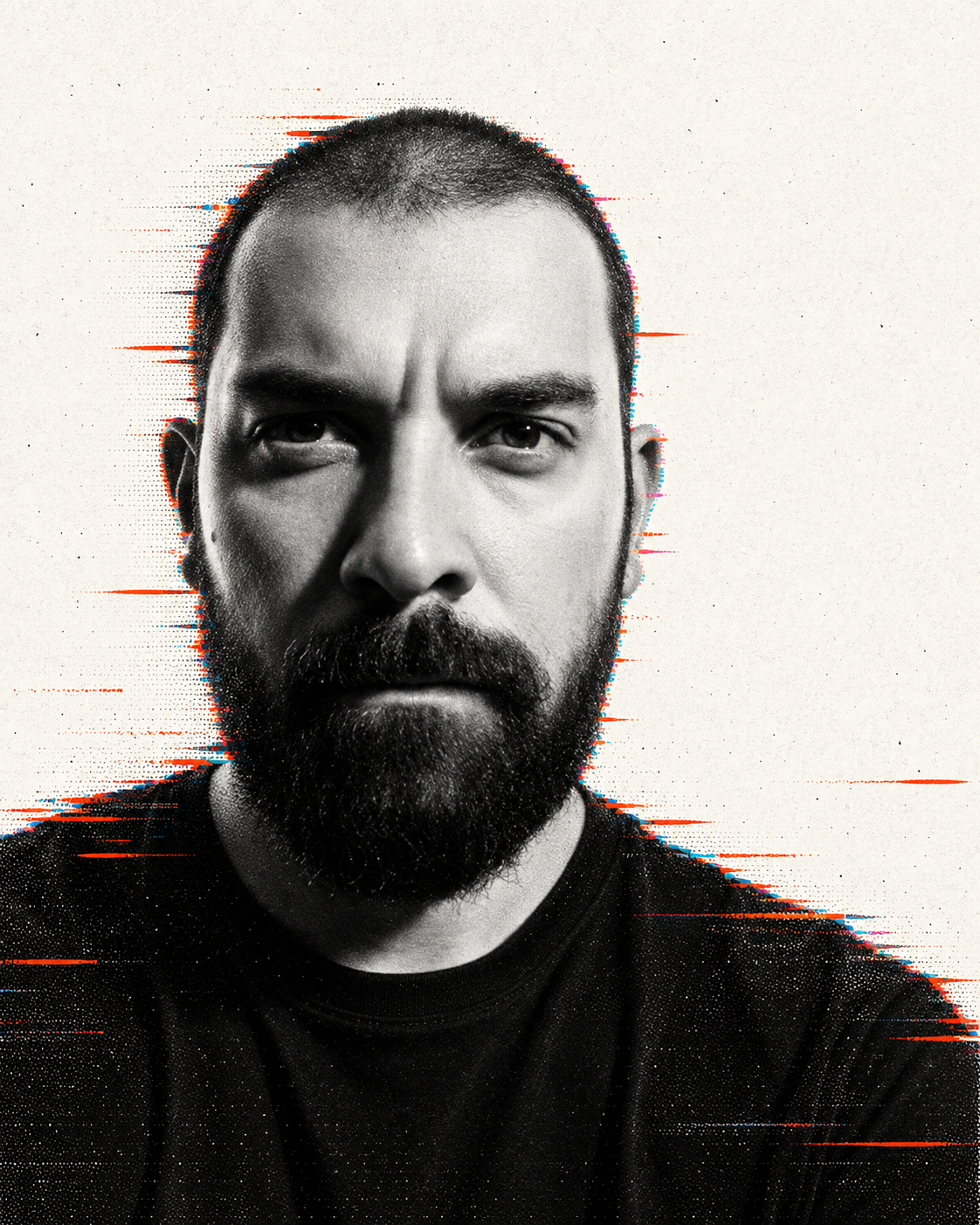 Retrato de Nathan Walen em preto e branco com detalhes gráficos cromáticos